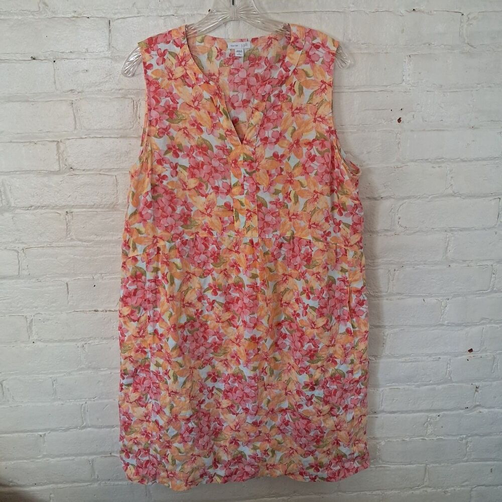 J Jill Love Linen Women Petite L Sleeveless Shift Dress V Neck Pastel Floral